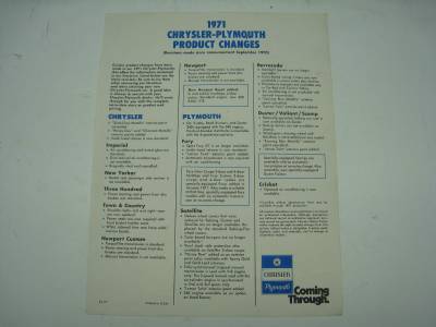 71 Chrysler-Plymouth Product Change Bulletin